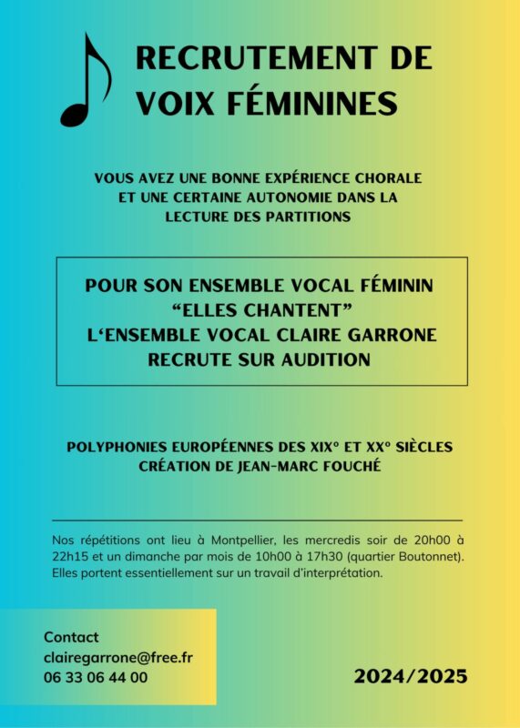 L'Ensemble Vocal Claire Garrone recrute des voix féminines