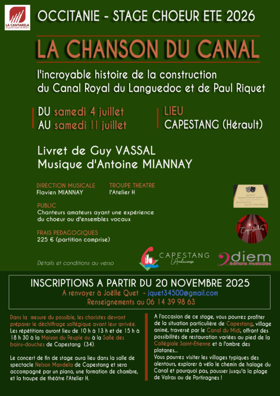 STAGE CHORAL "LA CHANSON DU CANAL" - Juillet 2026 - CAPESTANG (34310)