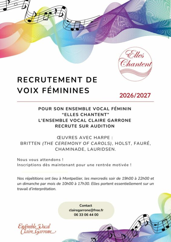 RECRUTEMENT DE VOIX FEMININES POUR L'ENSEMBLE VOCAL "ELLES CHANTENT"